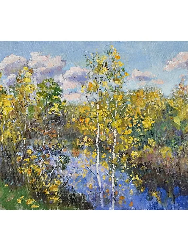 Autumn Painting Lake Landscape Birch Tree Original Art Nature Plein Air