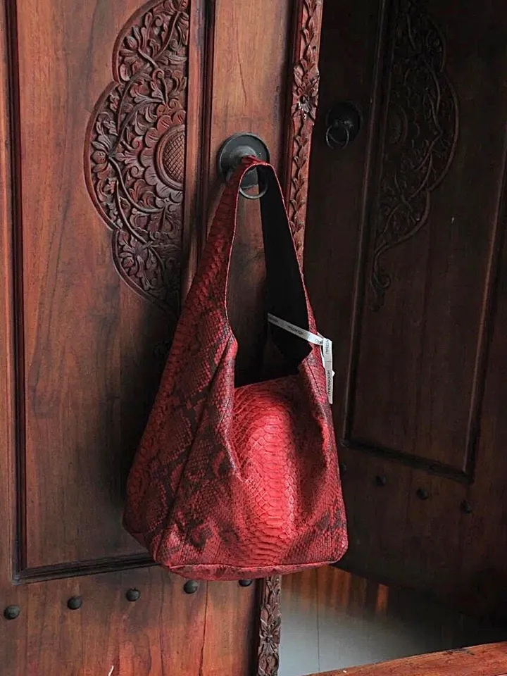 Big Soft Hobo Classy Sport Woman Bag | Purse Genuine Python Skin | Red Riva Elegant Leather Designer Soft Bag Snake | exotic leather purse