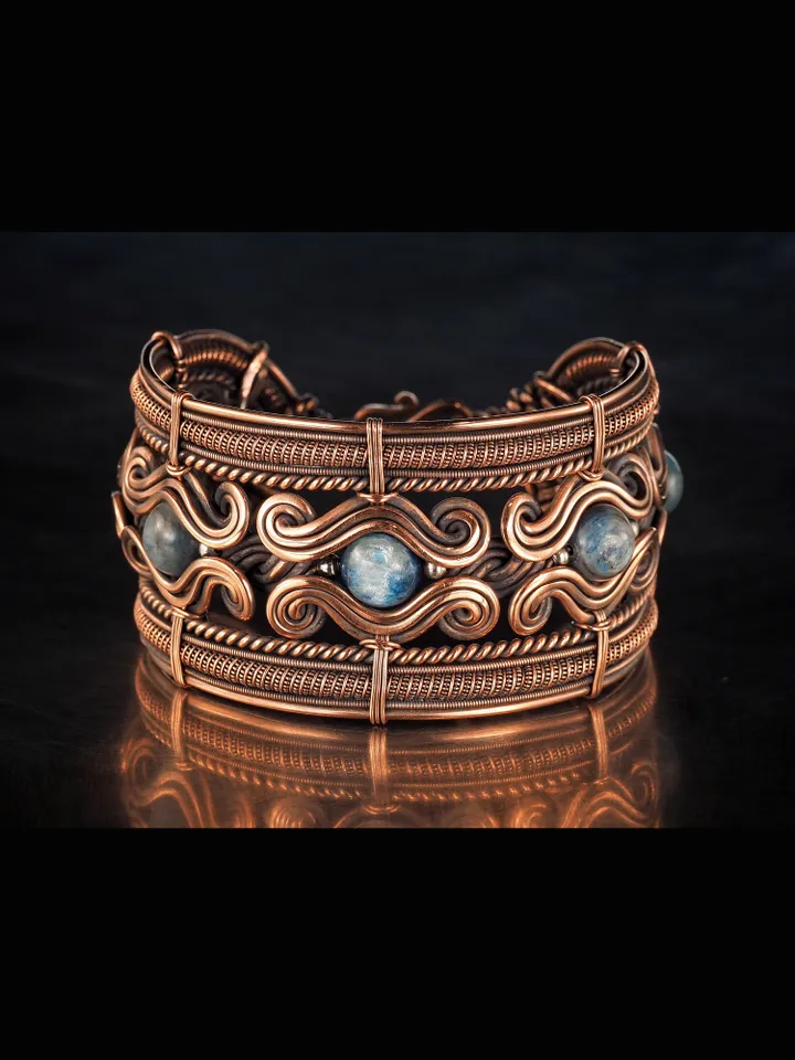 Copper wire wrapped kyanite bracelet Unique bangle 7th Wedding Anniversary