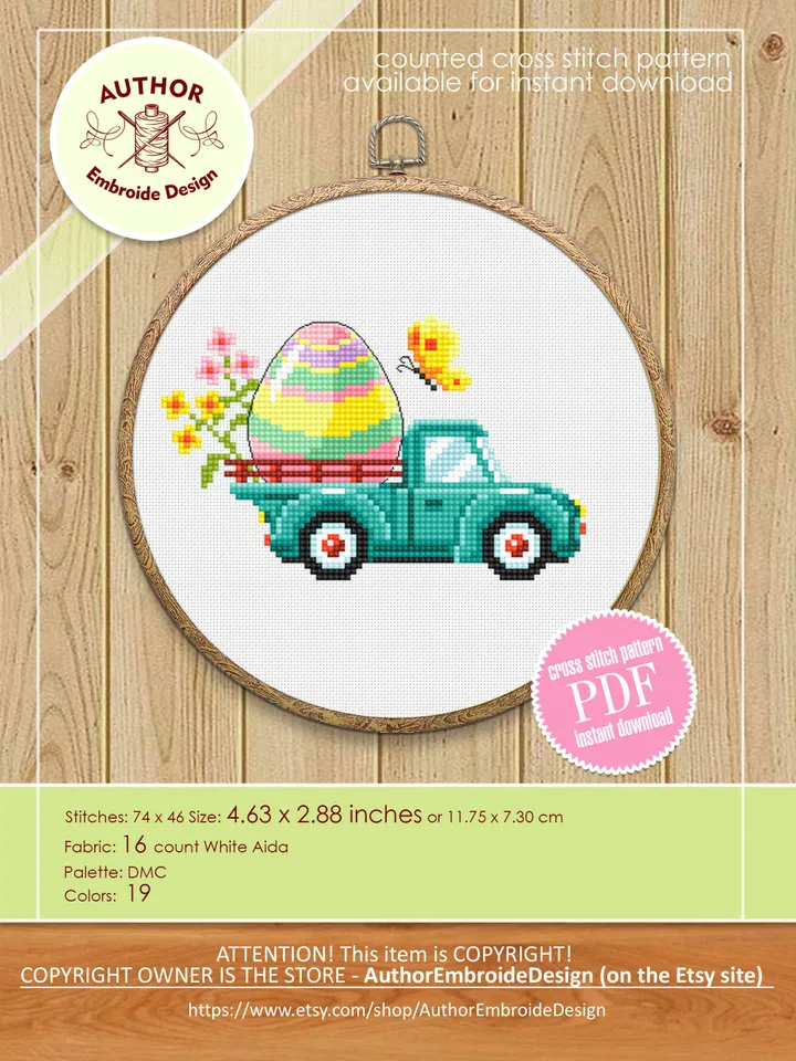 Easter truck cross stitch pattern PDF download Easter egg cross stitch chart, Easter digital pattern PDF for beginner, Farmhouse truck #T28