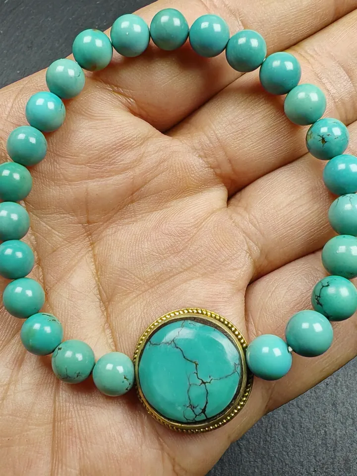 Gandhanra Authentic Original TURQUOISE Gemstones TIBETAN BRACELET - Old Beaded Wrist Mala Bracelet,7mm Beads, 19cm perimeter