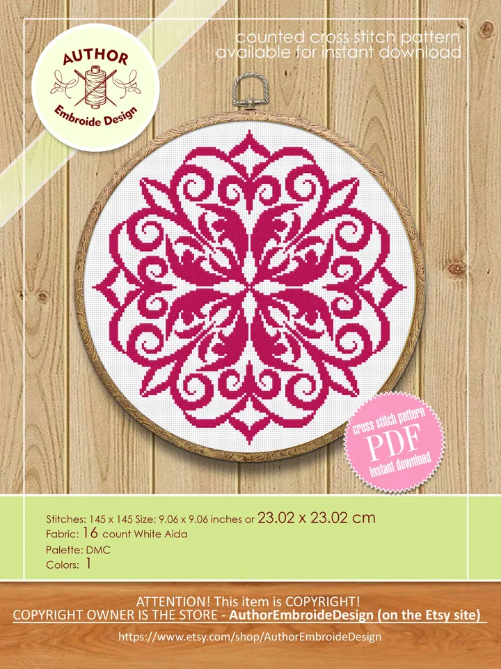 Simple Mandala cross stitch pattern PDF download Flower mandala pattern digital PDF, Monochrome cross stitch chart, Vintage ornament #M158