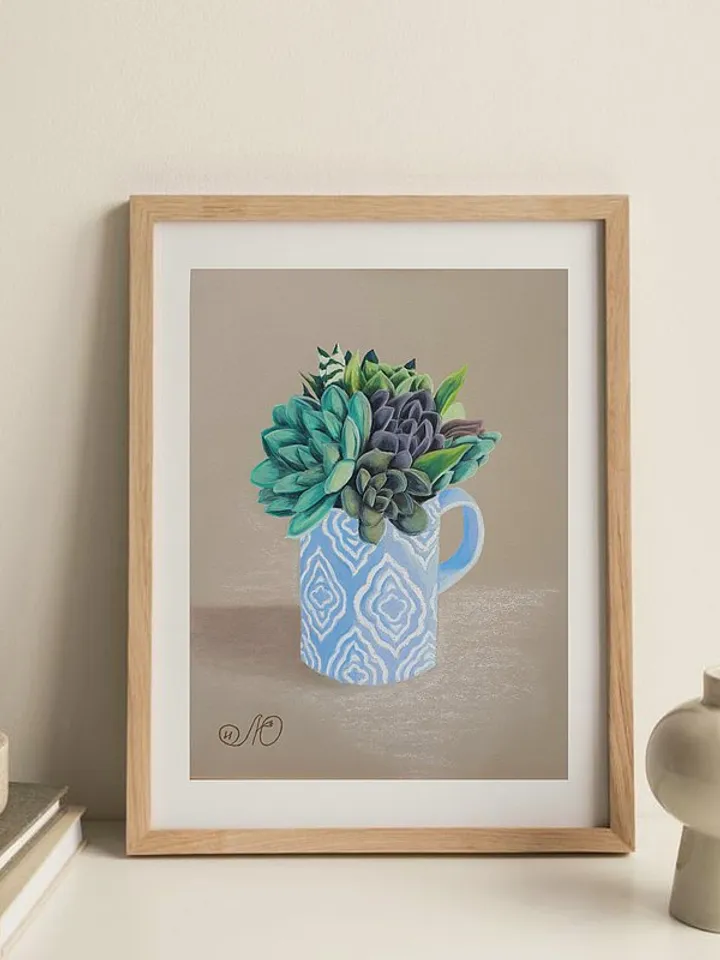 Succulent Painting Cup Original Art Cactus Wall Art Floral Soft Pastel Painting