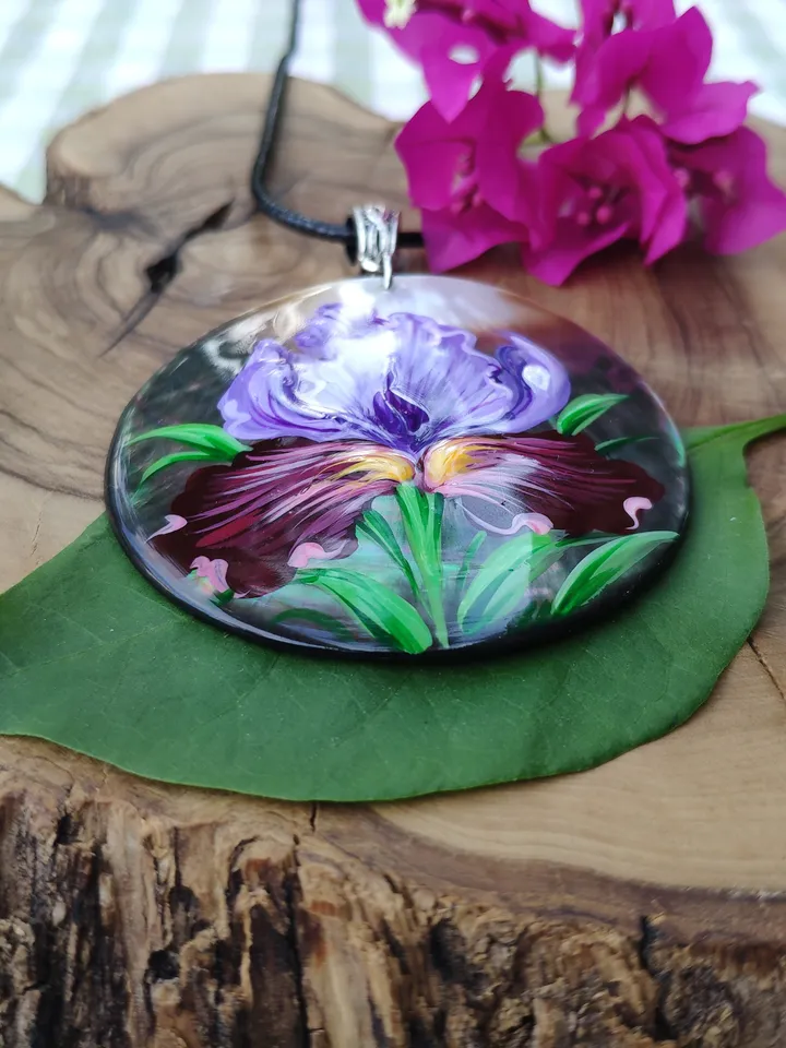 Pearl pendant necklace: Purple iris flower hand painted on dainty necklace • trendy art jewelry fitting for cute dress • fresh floral style