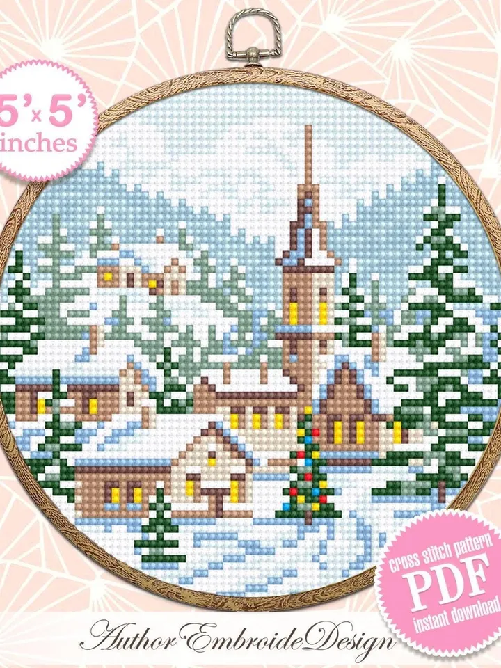 Christmas village cross stitch pattern PDF download Winter landscape cross stitch, Christmas pattern digital PDF, Small snow landscape #N170