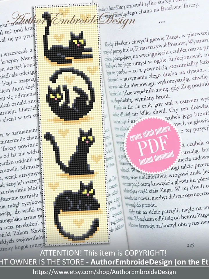 Cat bookmark cross stitch pattern download PDF Love cats cross stitch chart, Funny bookmark digital pattern PDF, Black cat embroidery #B320