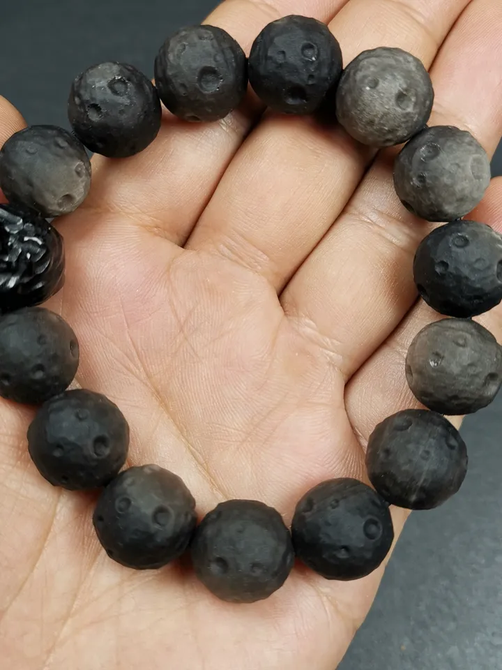 Gandhanra Old Tibetan Obsidian Wrist Mala, 0.6" Gradient Moon Ball Prayer Beads Bracelet,8 inches Circumference