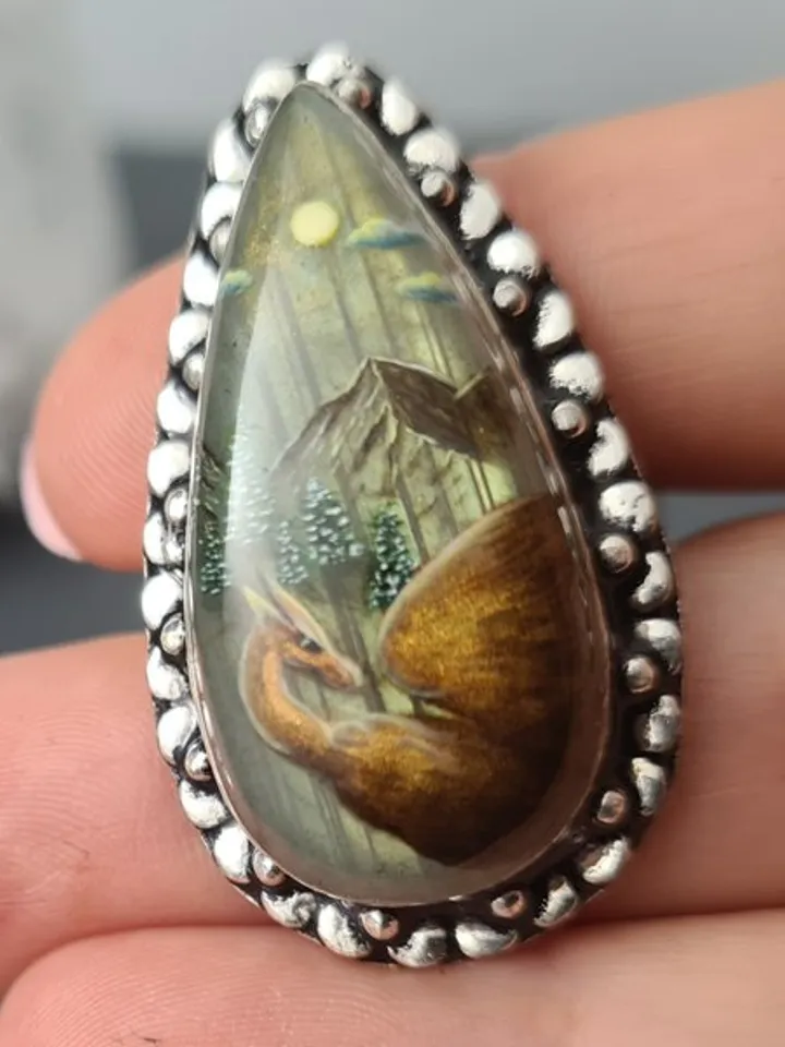 Dragon ring Labradorite ring Stone painting dragon Aaa large labradorite ring