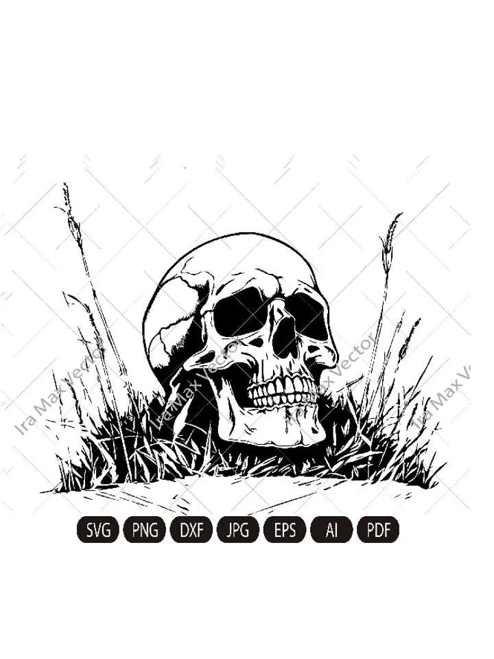 Skull svg file, Skull in the grass svg, Skull cut file, Skull in the field , Day of death , skull png , halloween, gothic, goth
