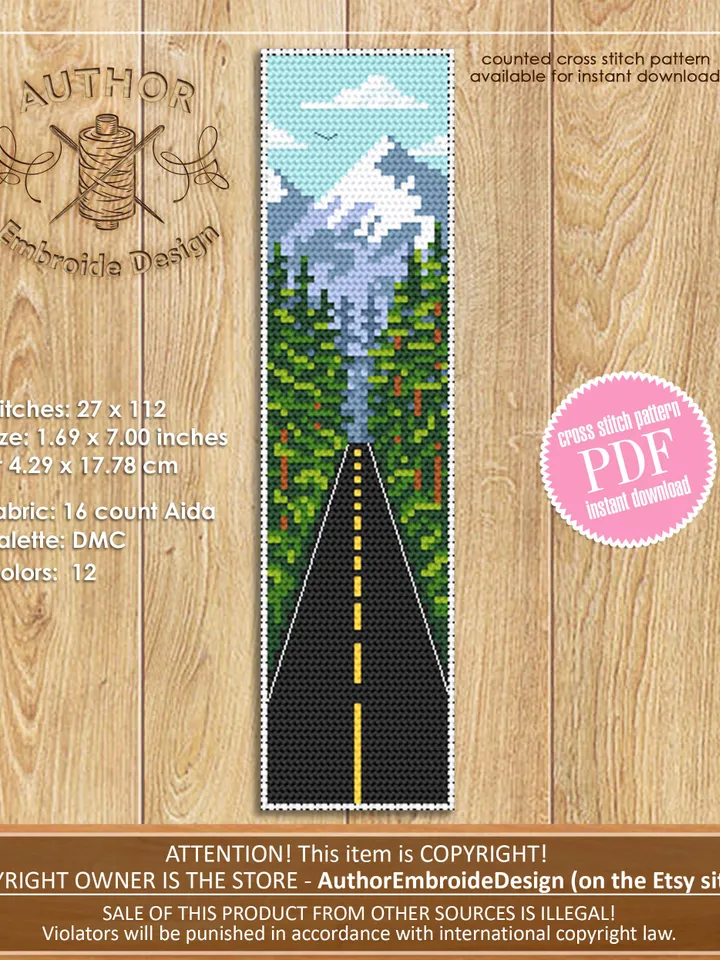 Bookmark cross stitch pattern download PDF Nature landscape cross stitch chart Modern handmade bookmark digital PDF Adventure awaits #B68