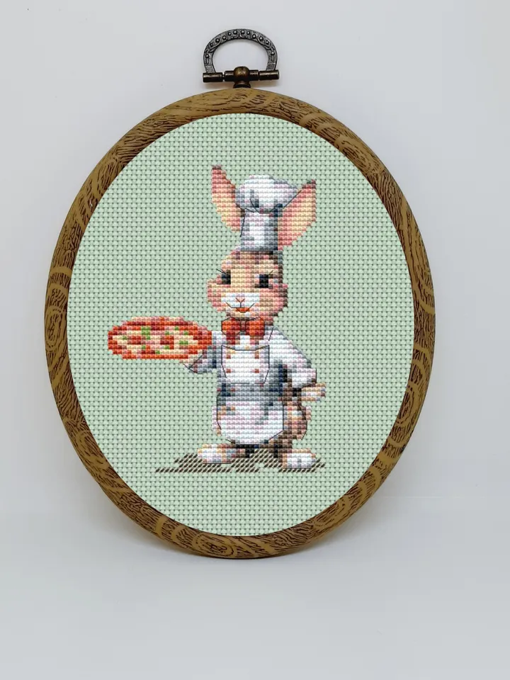 Bunny and pizza pattern pdf cross stitch, small design easy embroidery DIY, art 1