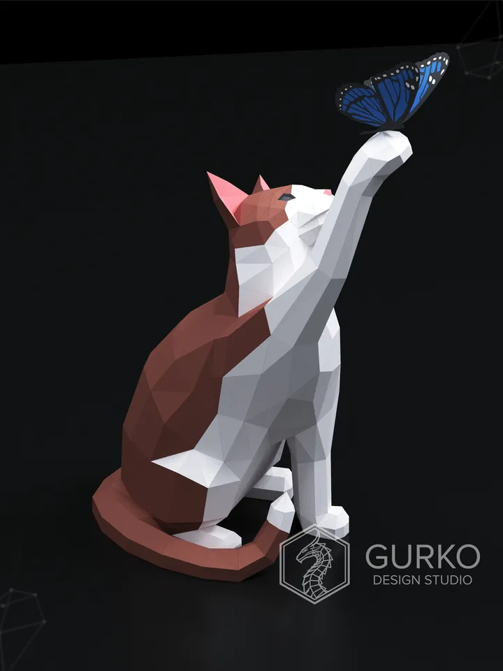 Papercraft Cat With Butterfly, Digital Template, PDF Download, Gurko, LowPoly, Pepakura, Origami Sculpture, Paper Party Decoration, DIY Gift
