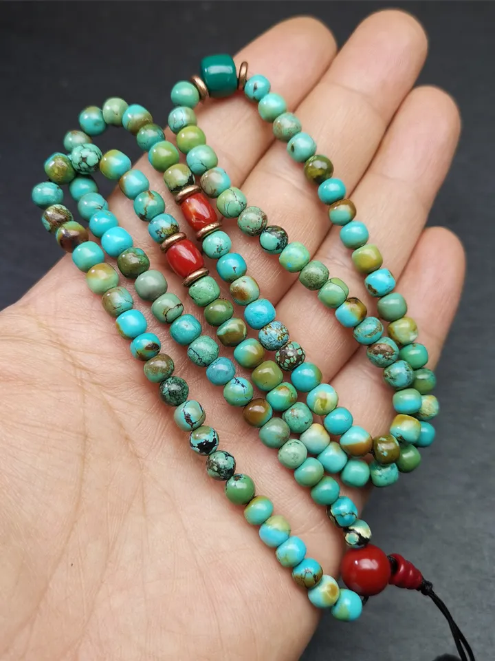 Gandhanra Old 108 Turquoise Beads Necklace Mala,Tibetan Prayer Beads for Meditation Practice ,Diameter 0.23", Circumference 24 inches