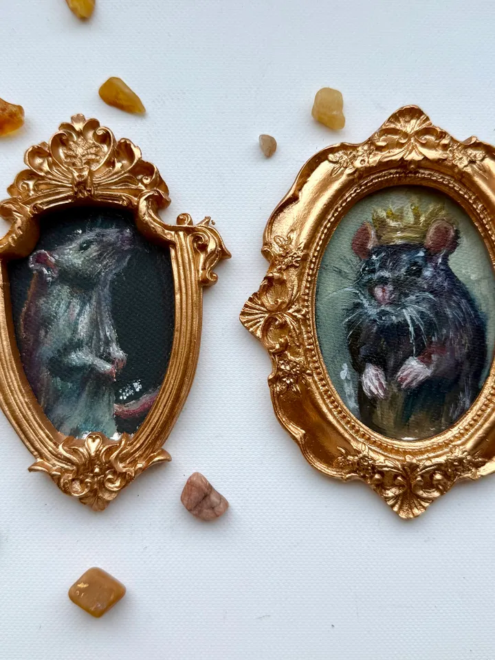 Set of 2 Royal Rats Oil Paintings Original In Vintage Style Frame Small Framed Dark Academia Painting Art Rat Portrait Mice Art Set of 2 Artworks