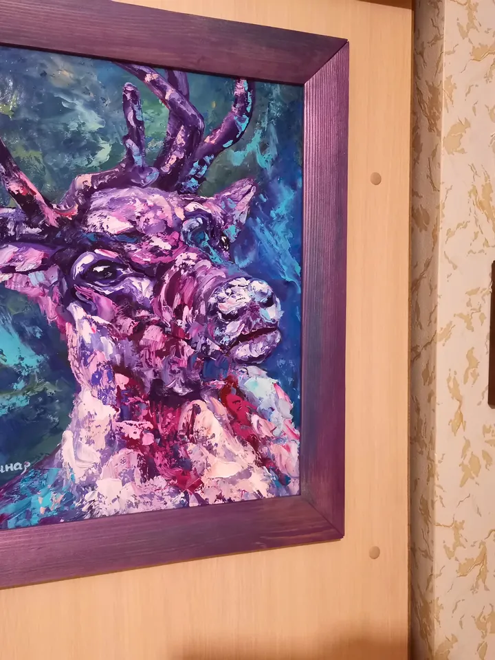 Deer North Aurora Borealis Reindeer Animals Original Art Oil Painting Artist Svinar Oksana
