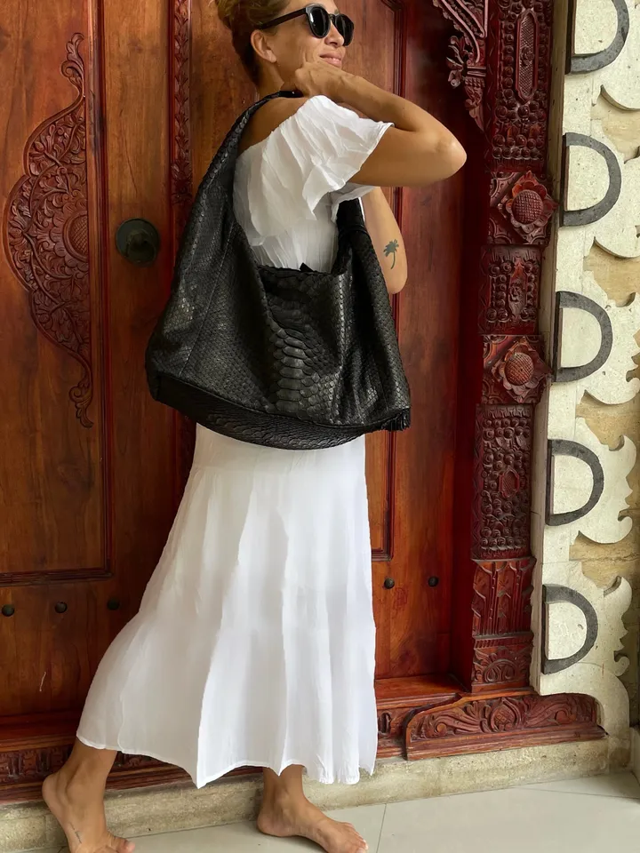 Big Soft Hobo Classy Sport Woman Bag | Purse Genuine Python Skin | Python Skin Products | Black Big Elegant Leather Designer Soft Bag Snake
