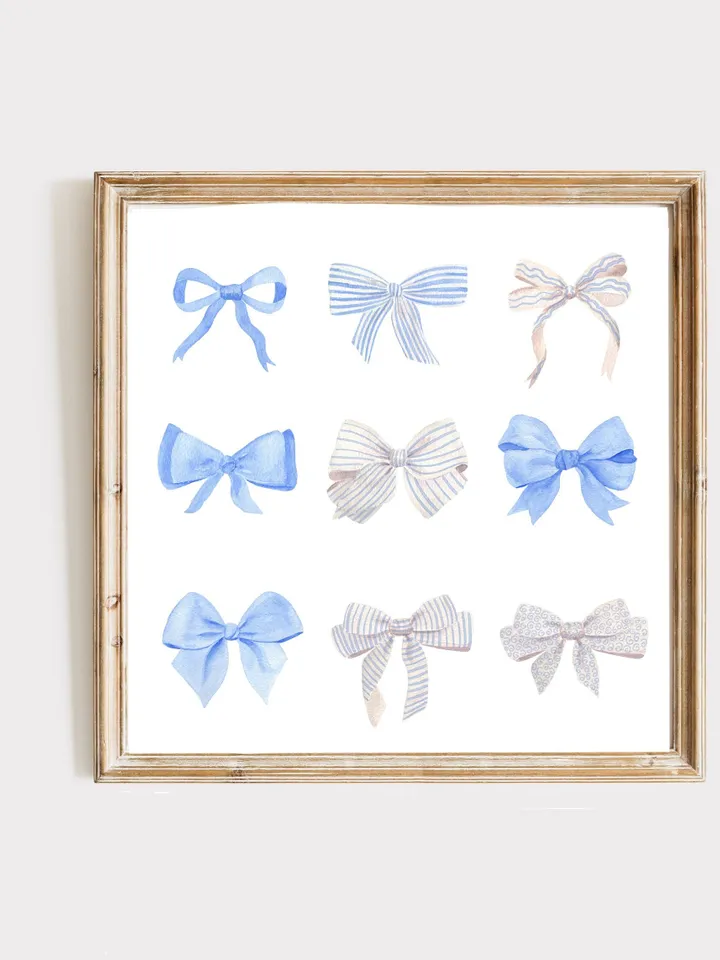 Blue Bow Watercolor Painting, Contemporary Bow, Nursery Wall Decor, Gift For Teen Girl, Baby Shower Gift, Hampton Style, Boy Room Decor