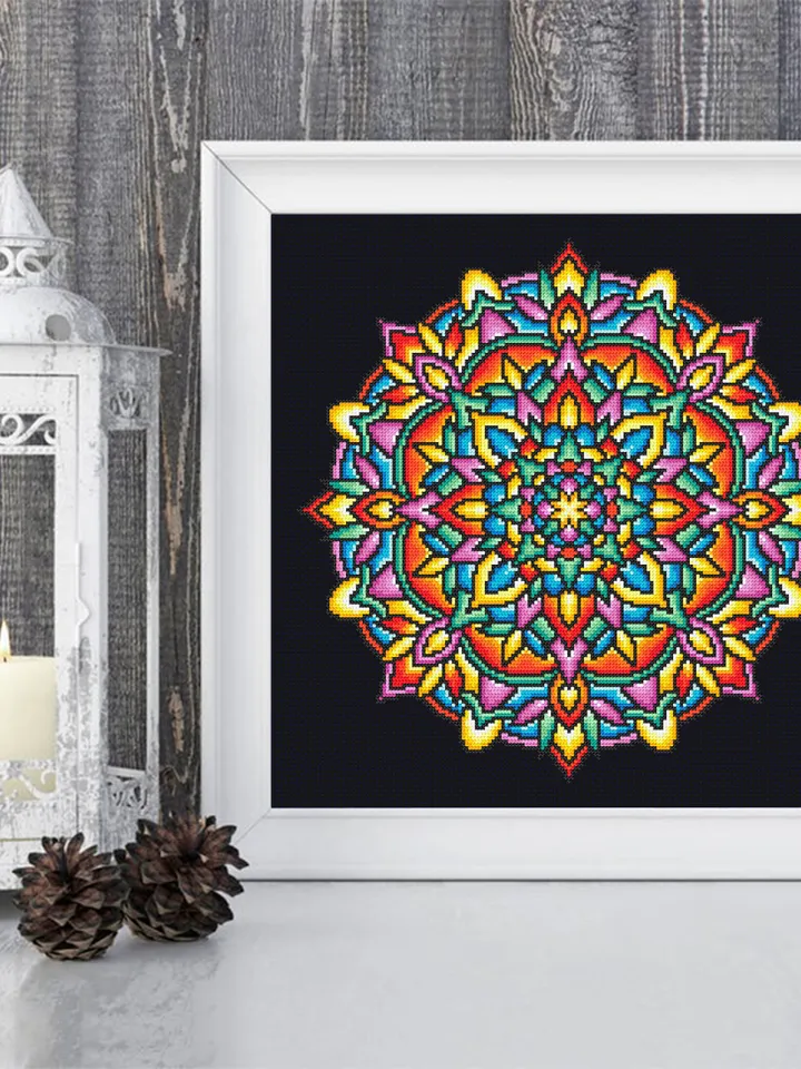 Stained glass mandala cross stitch pattern PDF download Modern Stained glass cross stitch chart, Colorful mandala pattern digital PDF #M266