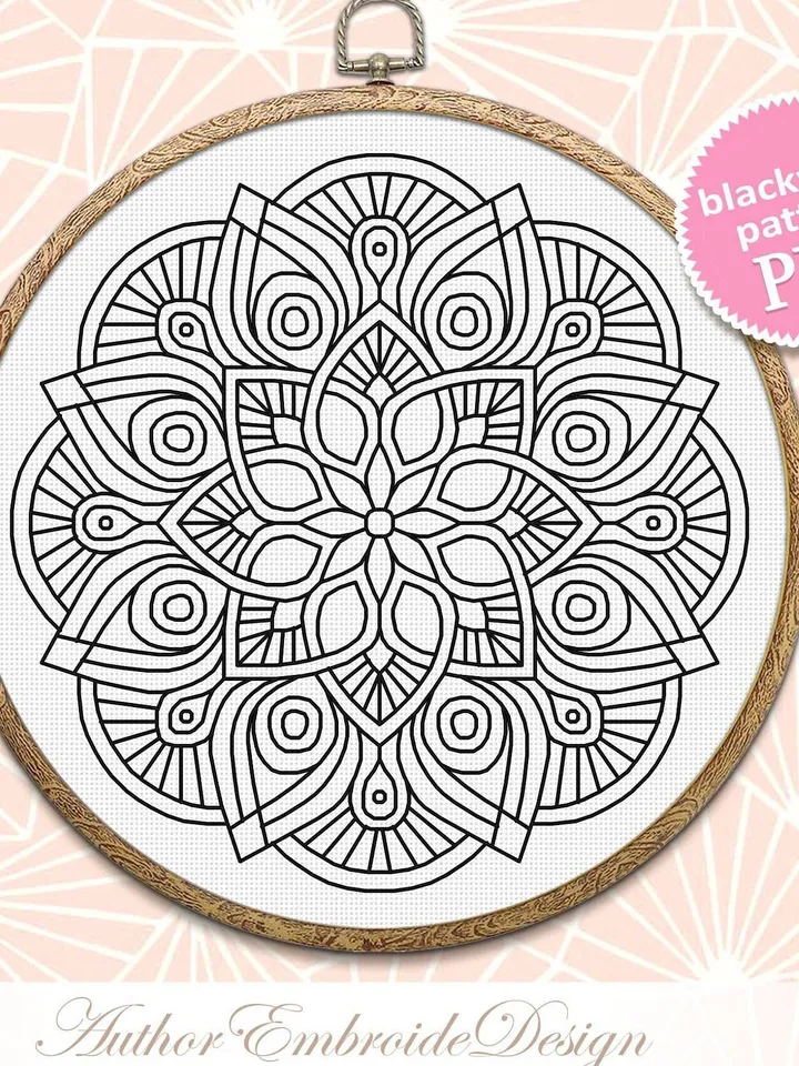 Flower mandala blackwork pattern PDF download Mandala ornament Backstitch chart, Blackwork mandala embroidery PDF, Mandala cross stitch #W36