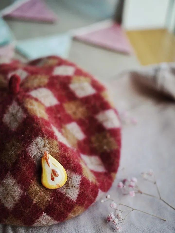 Warm brooch made of polymer clay, pear pin
