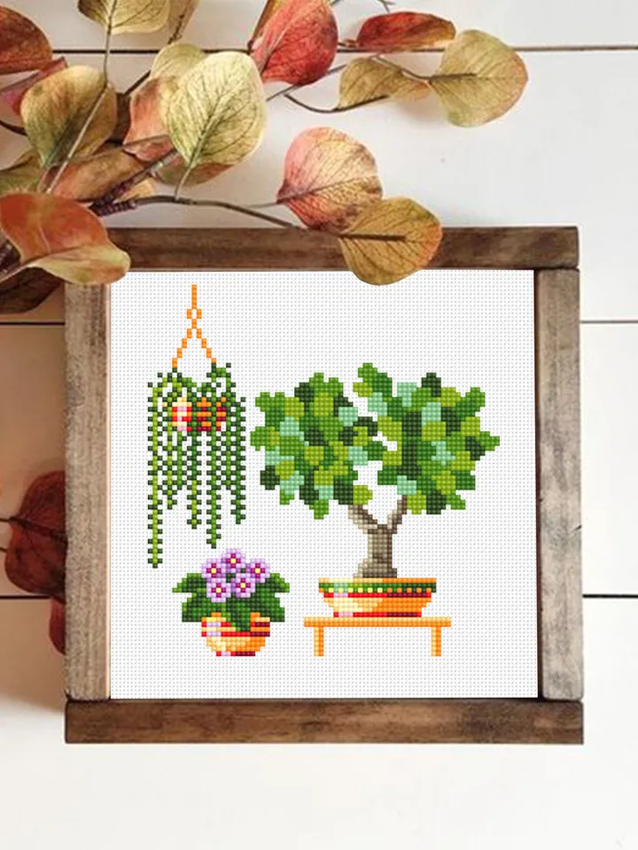 House plants cross stitch pattern download PDF, Small floral cross stitch chart, Garden beginner stitch, Potted plants embroidery PDF #P13