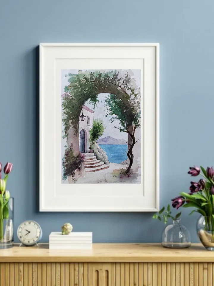 Greek Landscape Artwork Original Watercolor Painting Arch & Grape Vine 8.27x11.42 in by Art Café