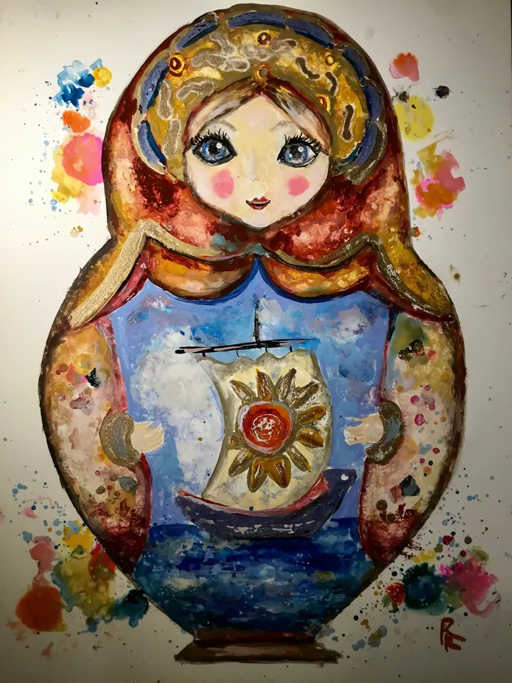 Russian fairytale matryoshka doll painting,original mix media painting on yupo paper,alcohol inks watercolour painting,modern wall art,gift.