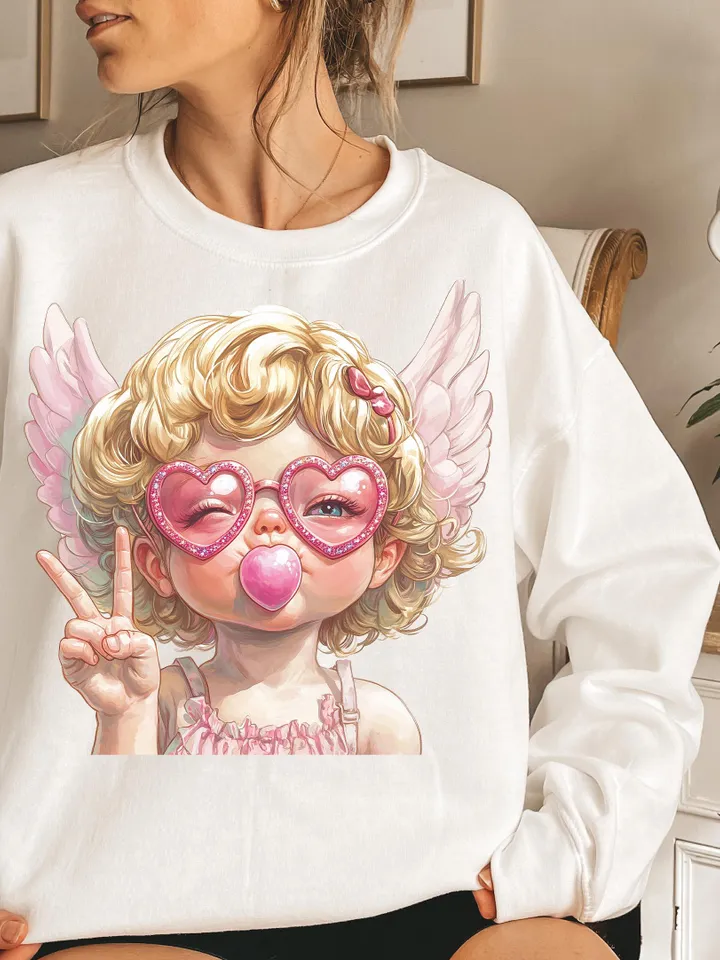 Retro Cupid Valentines Day Blowing Bubble PNG, Vintage Valentines Day png, Funny Cupid With Sunglasses png, Valentines Day png, Cupid png