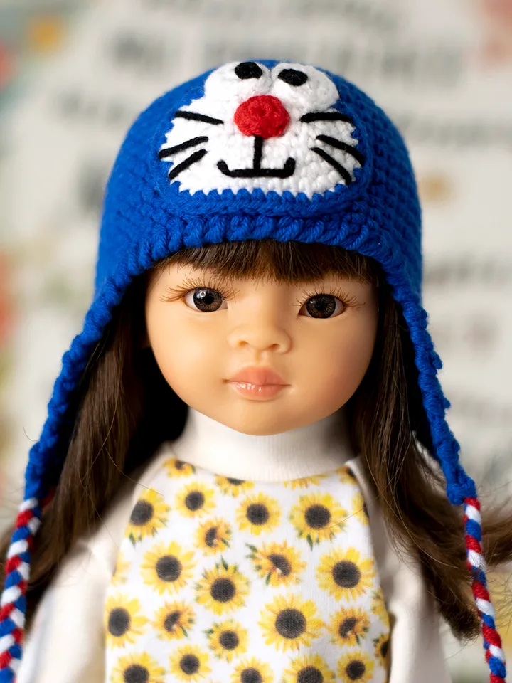 Cat Doraemon hat for 13" dolls Paola Reina, Meadowdolls Dumplings, Siblies, Little Darling, doll outfit for Halloween
