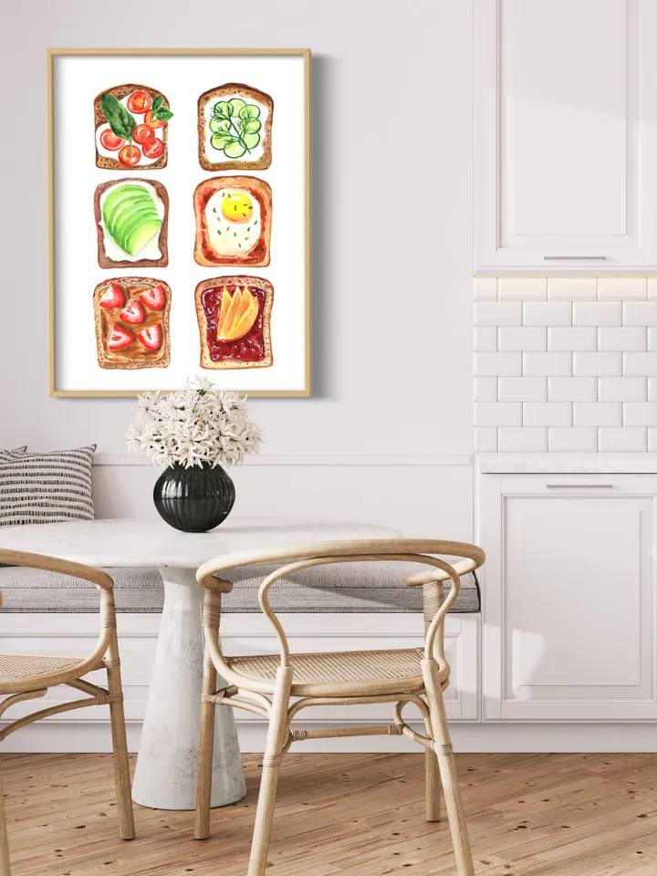 Food Poster Watercolor Painting Breakfast Art Print Kitchen Wall Decor Pop Food Art Avocado Toast Print Egg Wall Art Funny Gift Food Art