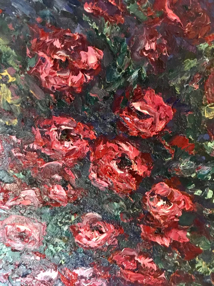 Red flowers in a vase,original oil heavy textured impasto painting on 3d canvas ,wall hanging,home decoration,gift.