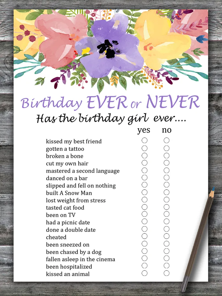 Watercolor flowers Birthday ever or never game,Adult Birthday party game printable-fun games for her-Instant download