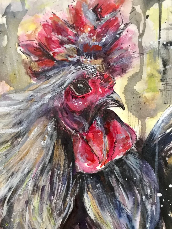 Silver rooster original watercolour mix media artwork on watercolour paper,birds painting watercolour,home decoration wall art,gift