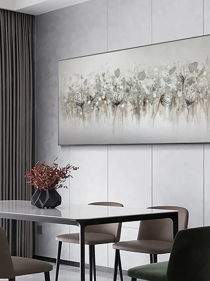 Abstract Blossom Floral Oil Painting on Canvas, Large Original Textured White Grey Poppy Bouquet Acrylic Painting Living Room Wall Art Decor