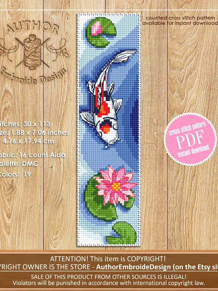 Bookmark cross stitch pattern download PDF Cute Handmade bookmark digital PDF Koi pond cross stitch Japanese koi fish Nature lover gift #B77