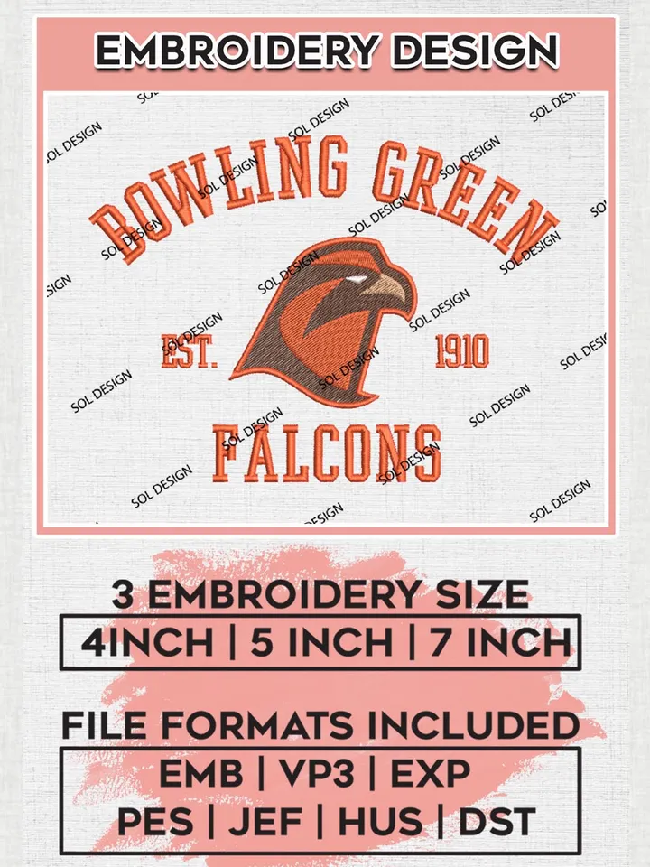 Bowling Green Falcons Est 1910 Logo Embroidery Designs, NCAA Bowling Green Falcons Team Embroidery, NCAA Team Logo, 3 sizes, Machine embroidery Files, Digital Download