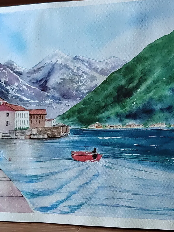 Original Watercolor Painting Montenegro Landscape Art Old Budva Artwork Coast of Montenegro Picture 30x40 cm by SoftWaves