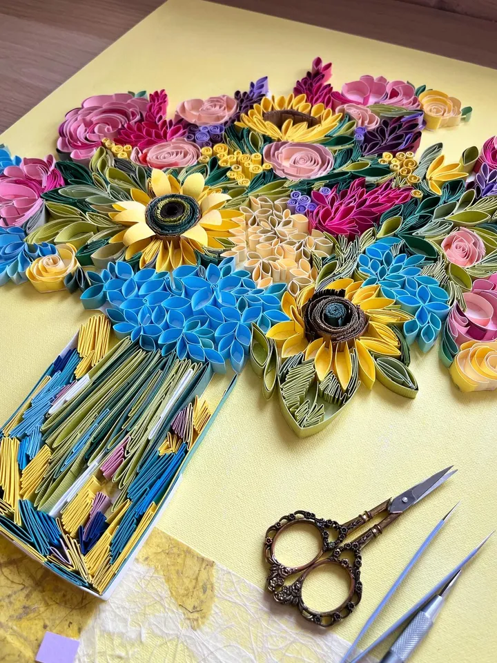 Original quilled wall art Paper painting Bouquet with sunflowers | Quilling Art
