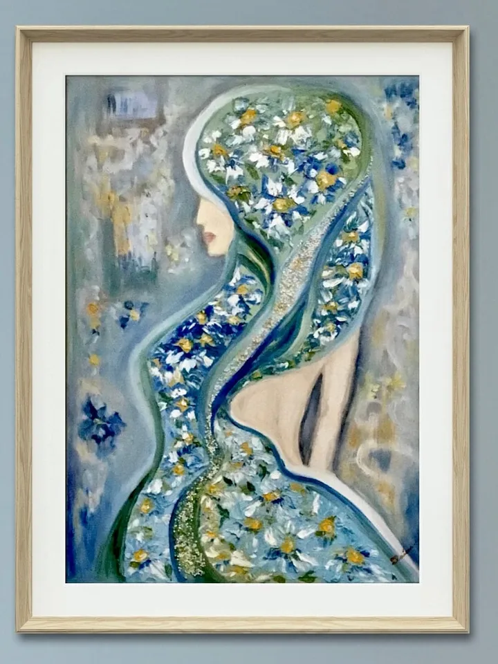 Purity - original oil painting on large canvas,rhinestones decorated, woman in daisies,impasto oil painting,home decoration,woman in daisies