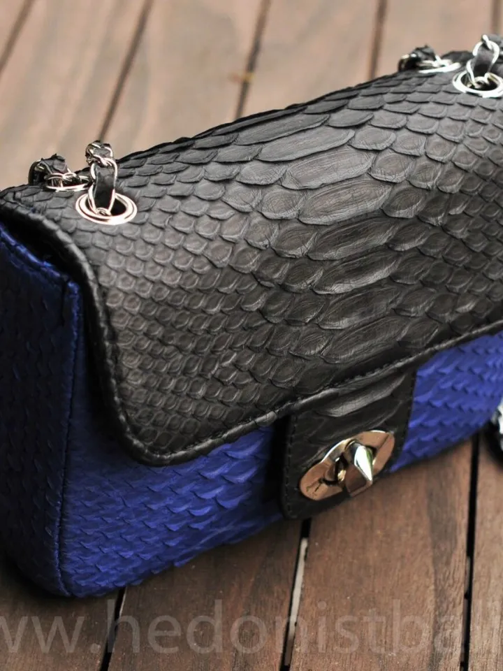 Genuine Python Skin crossbody black and blue bag | Adjustable Chain Classy Elegant Crossbody Small Lady Classy Bag | Python ColorblockPurse