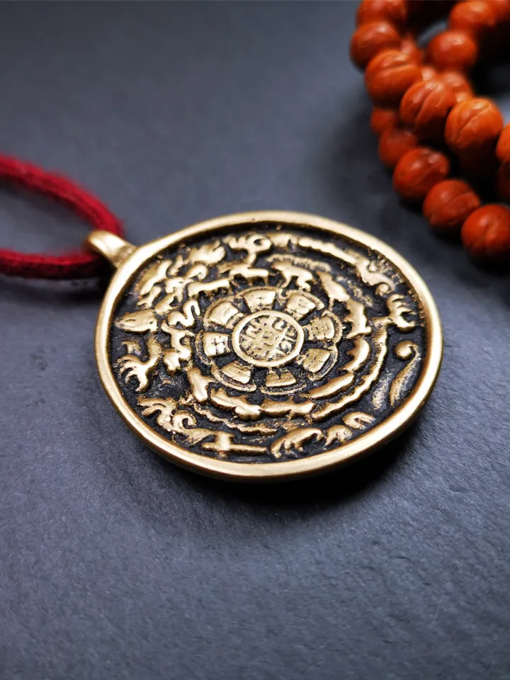 Gandhanra Vintage Tibetan Buddhist Calendar Badge,Melong Mirror, SIPAHO Amulet(srid pa ho),Jiugong Bagua,made of Copper,1.77"