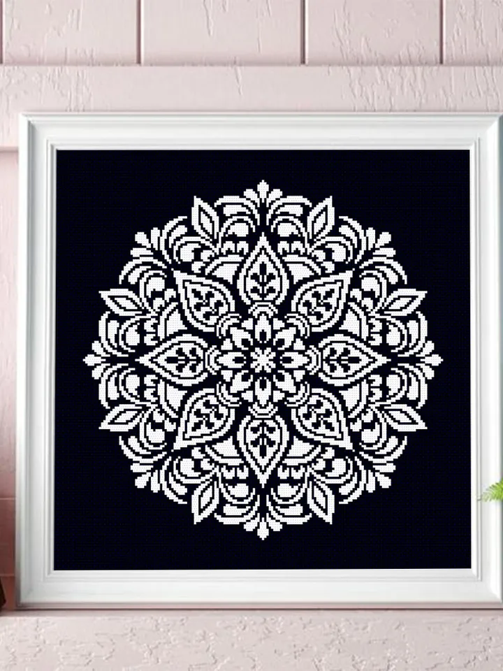 Flower mandala cross stitch pattern PDF download, Simple mandala pattern digital PDF, Monochrome cross stitch chart, Mandala ornament #M243