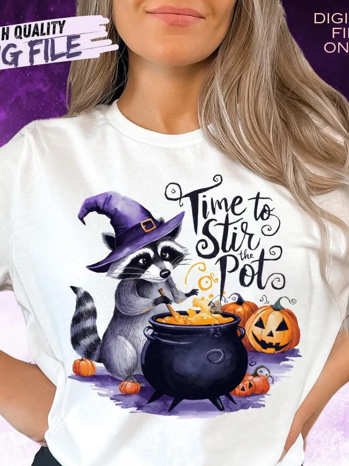 Time To Stir The Pot Png Funny Raccoon Witch Retro Halloween Png Spooky Season Png Funny Halloween Witch Brew Png Vintage design ORIGINAL