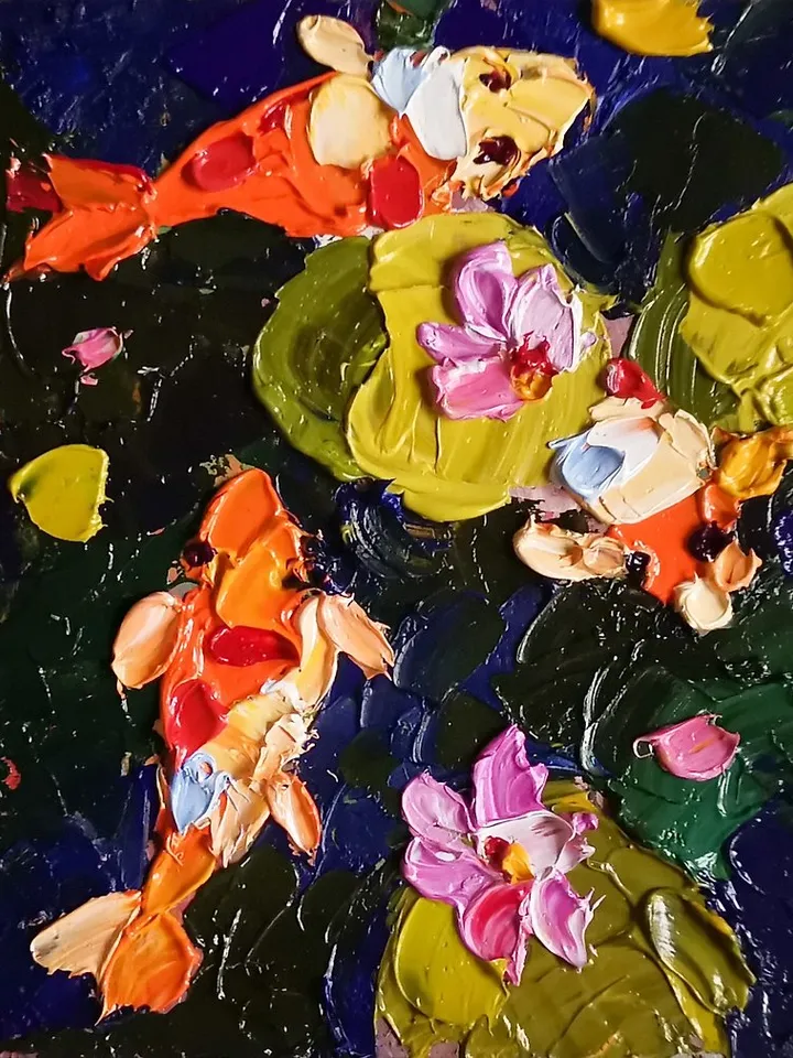 锦鲤 油畫原作 手工油畫 掛畫 油畫 koi Fish Painting Impasto Oil Painting by Verafe