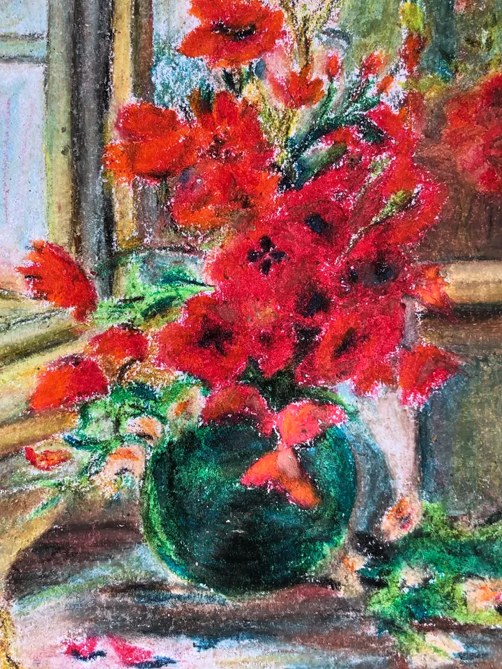 Bouquet of poppies wall art Original oil pastel painting 8x11 inch