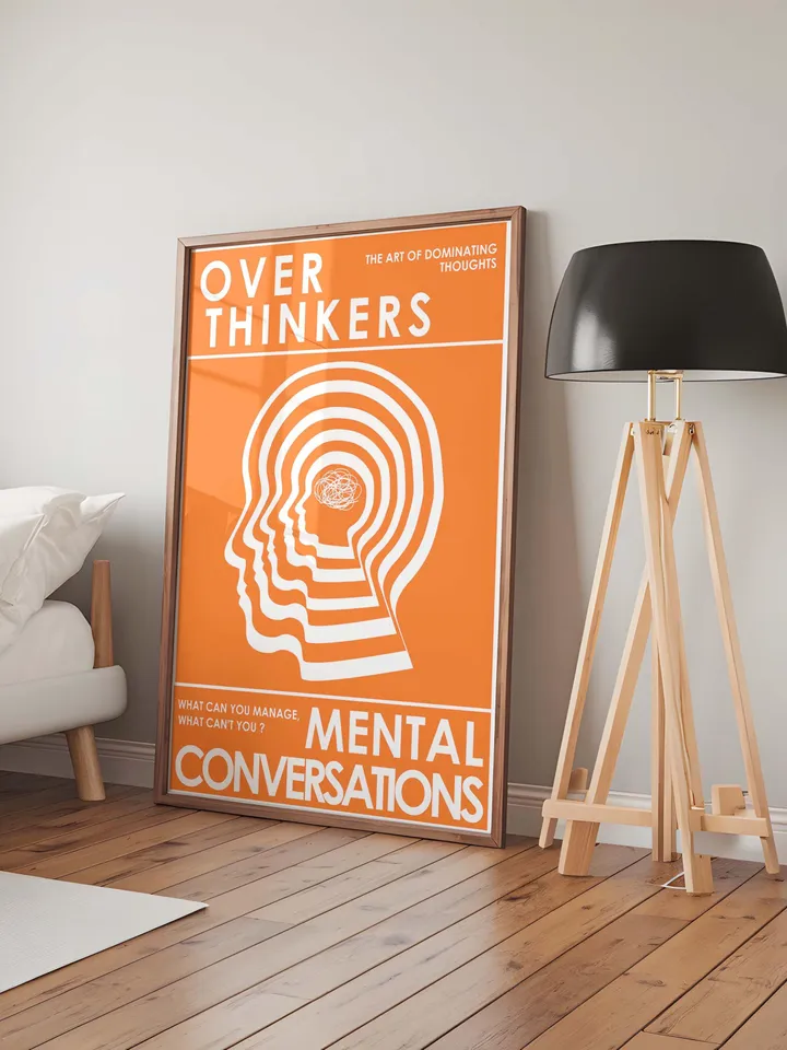 Overthinkers Wall Art Digital Print Retro Style Creativity Poster Eclectic Printable Artwork Trendy Room Decor Instant Download Orange White