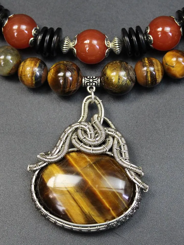 Handmade necklace with natural carnelian and tiger eye stone beads.