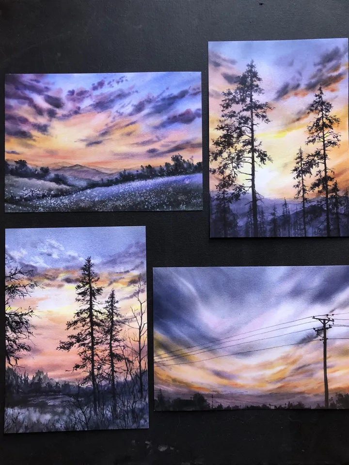 Sunset Watercolor Painting Landscape Set of 4 Prints Sunset Postcards