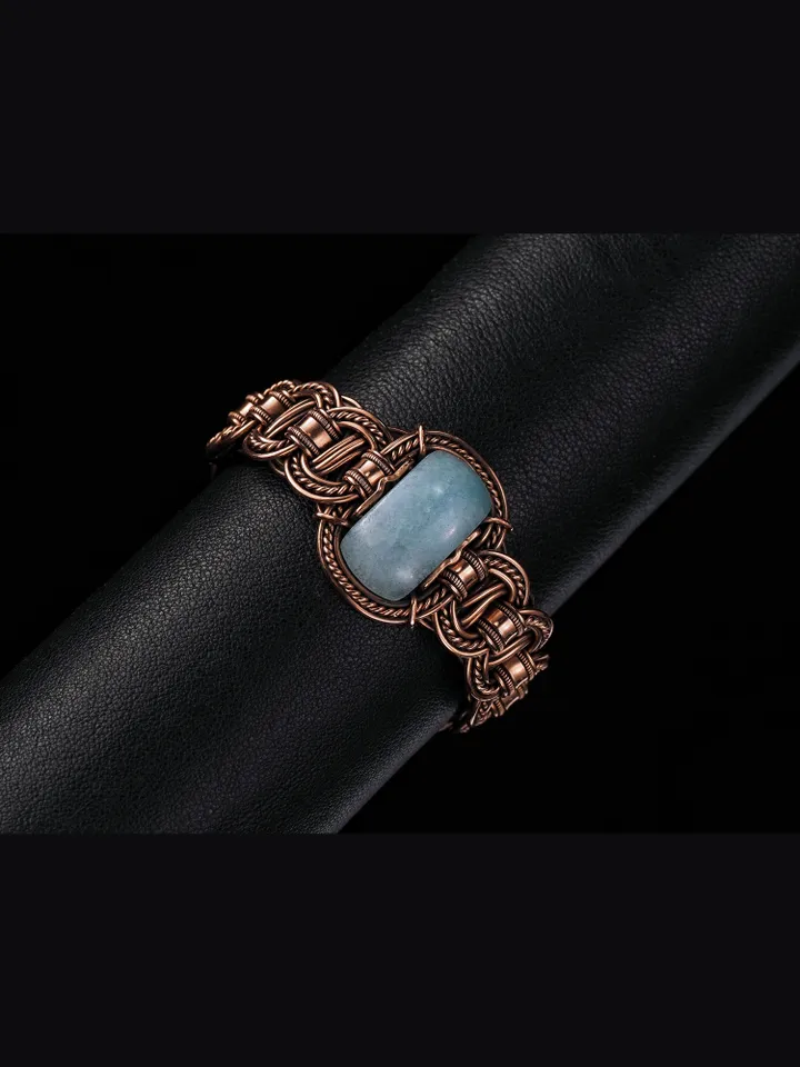 Copper wire wrapped aquamarine bracelet Unique bangle 7th Wedding Anniversary