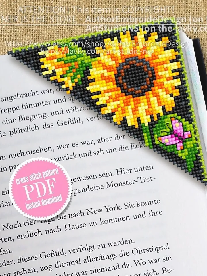 Corner bookmark sunflower cross stitch pattern PDF download Flower cross stitch chart, Floral bookmark corner, Sunflower pattern #B195